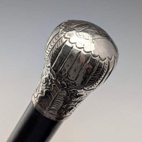 Circa 1900 Antique Black Shaft Sterling Silver Rondelle Handle Walking Stick 88cm